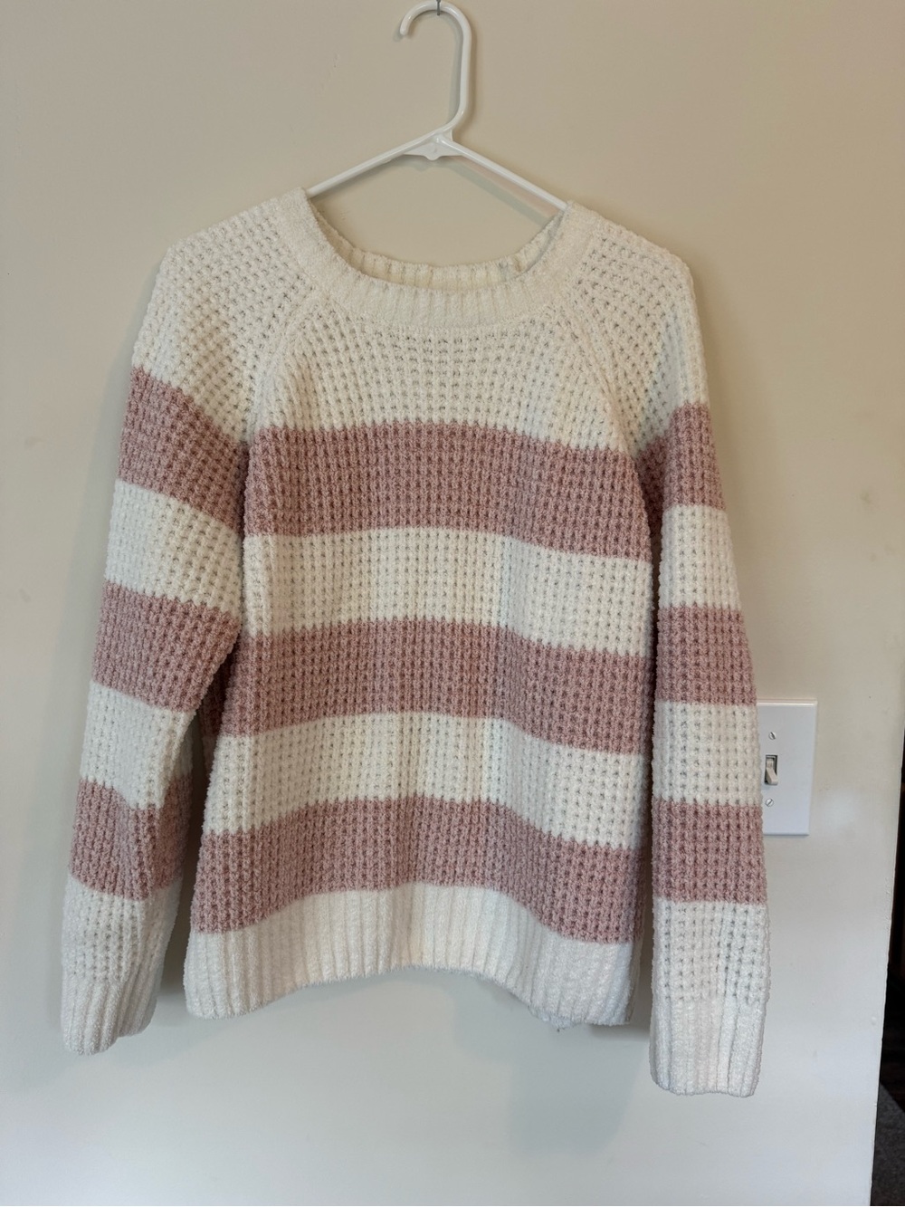 BearPaw Cream and Blush Striped Waffle Knit Crew Sweater
